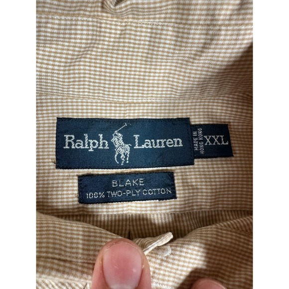VTG Ralph Lauren Shirt Mens 2XL Beige Mini Check Blake Cotton Oxford Button Down - Picture 3 of 4